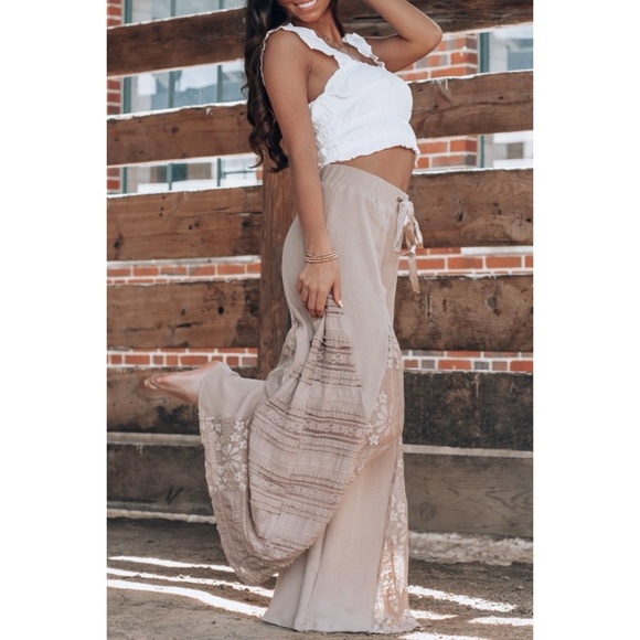 POL Mocha Latte Stretch Knit Lace Panel Wide Leg Pants - Picture 12 of 14